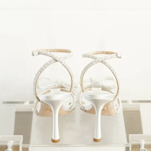 Badgley Mischka Effie White Satin Heels 8.5 Bow Women's Ankle Strap Sandal - Picture 4 of 16